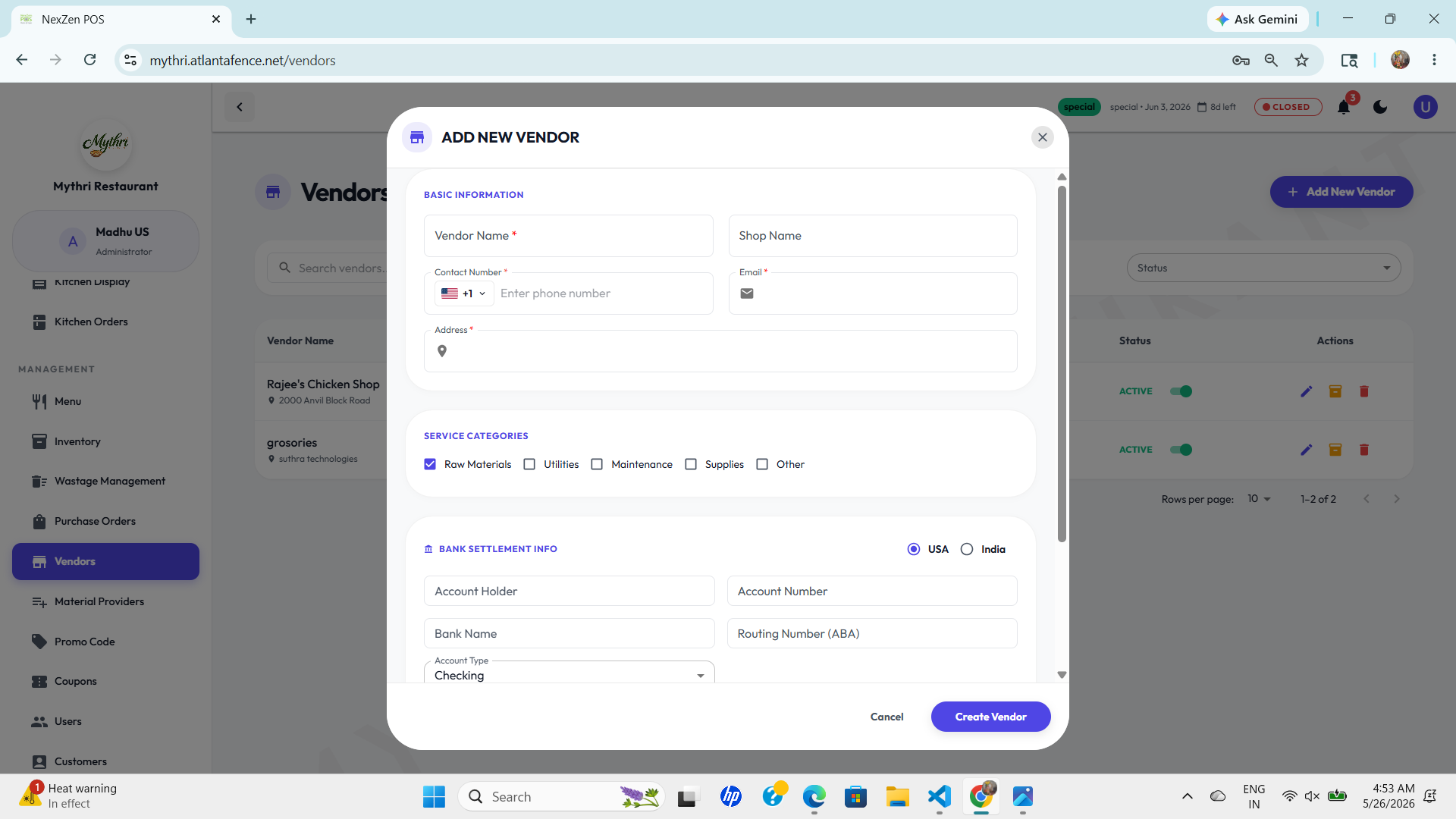 Add New Vendor Modal