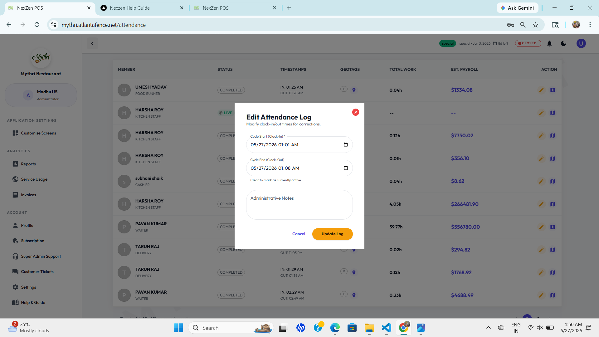 Edit Attendance Log Form