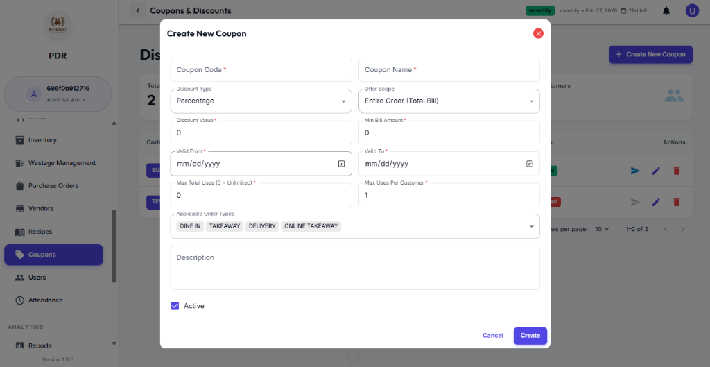 Create New Coupon Modal