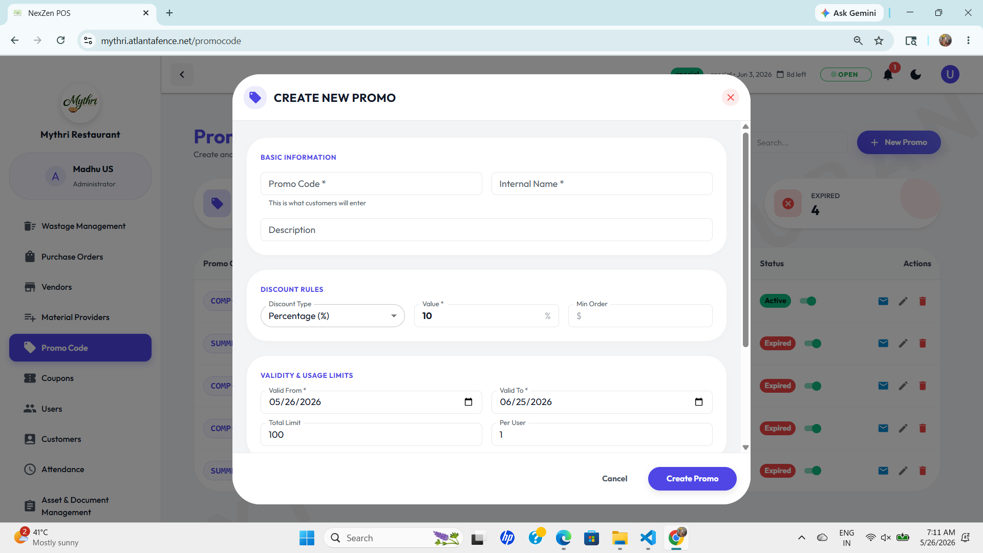 Create Promo Code Form
