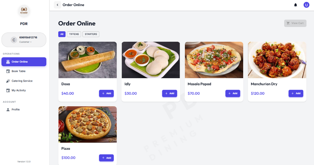 Customer Order Online Interface