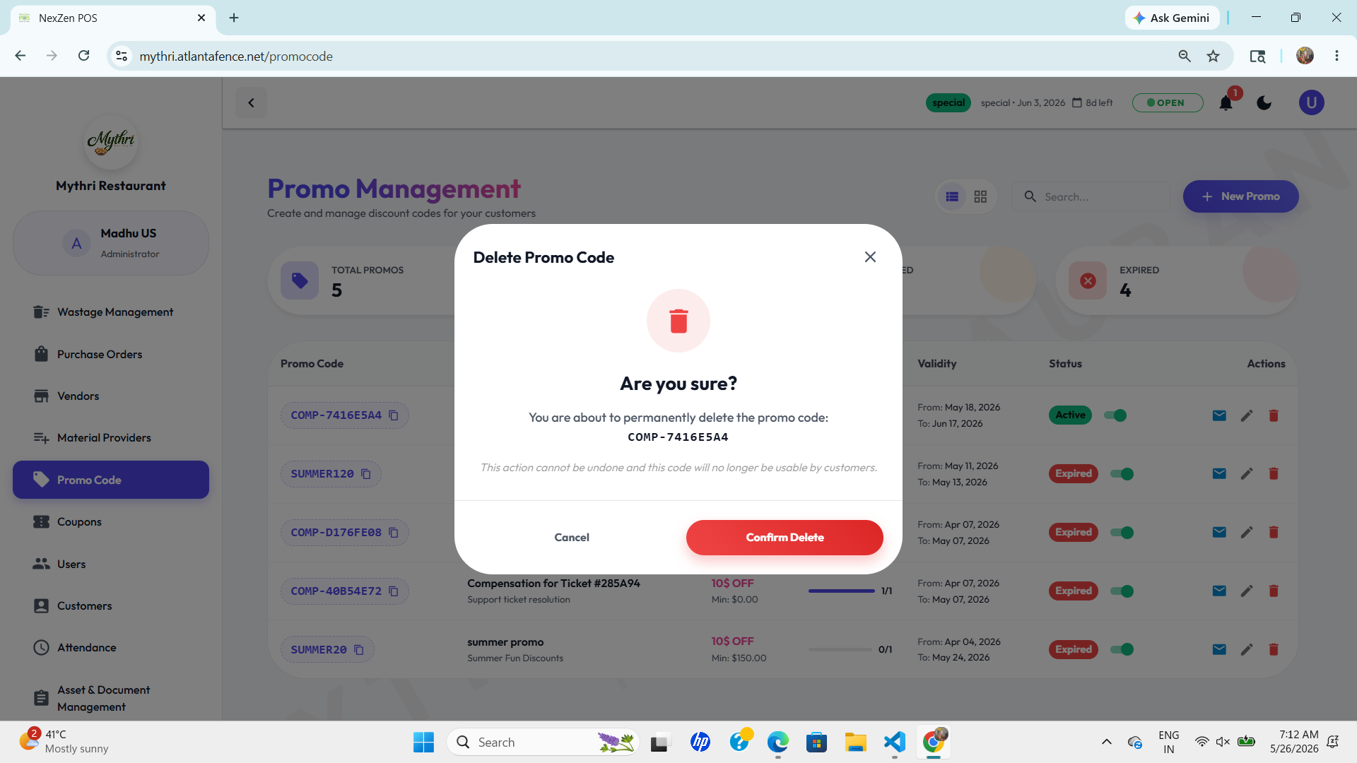 Delete Promo Code Form