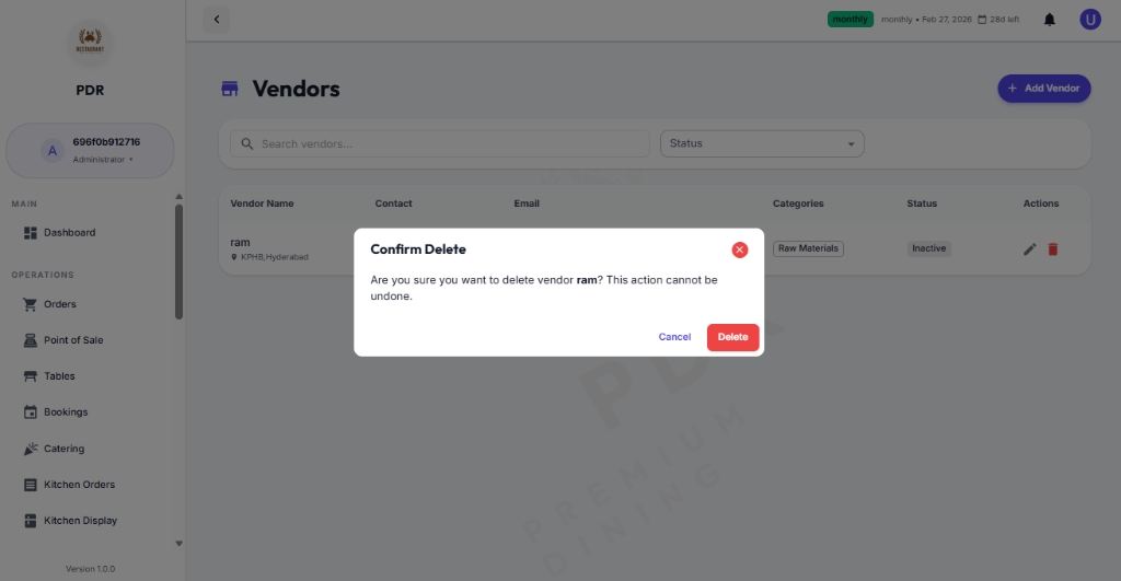 Delete Vendor Confirmation Modal