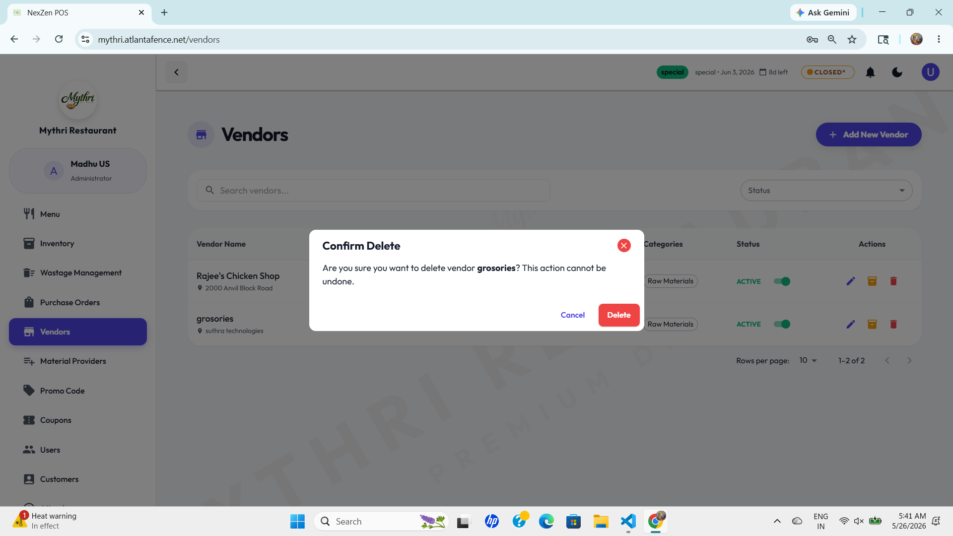 Delete Vendor Confirmation Modal