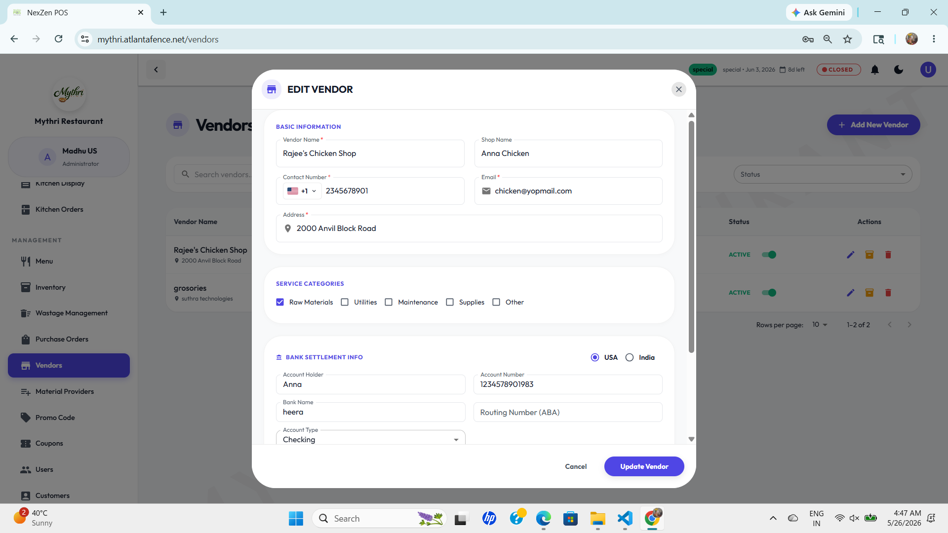 Edit Vendor Modal