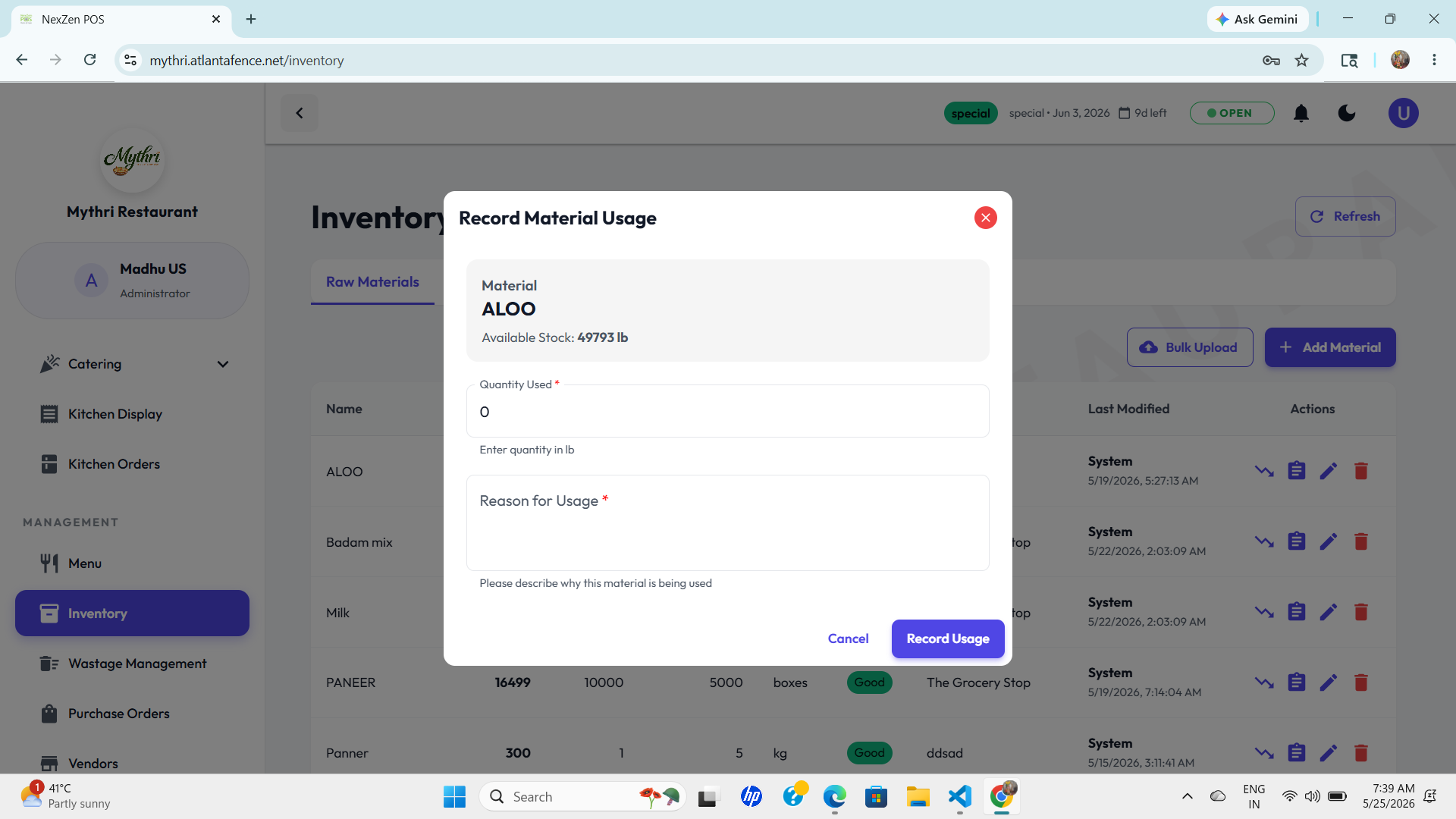 Record Material Usage Modal