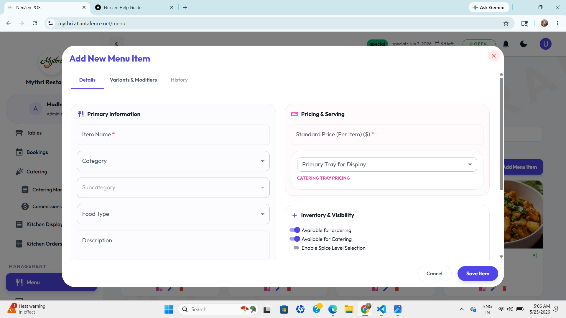 Menu Item Modal