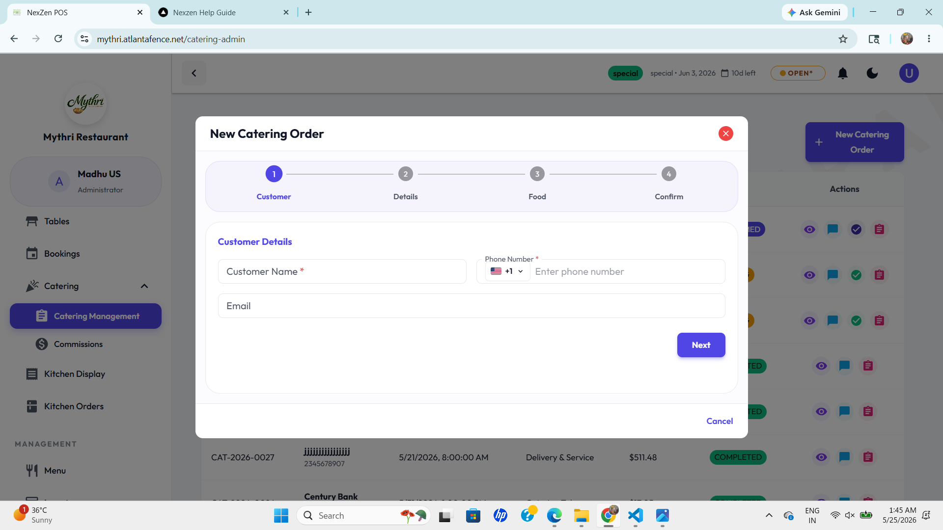 New Catering Order Modal