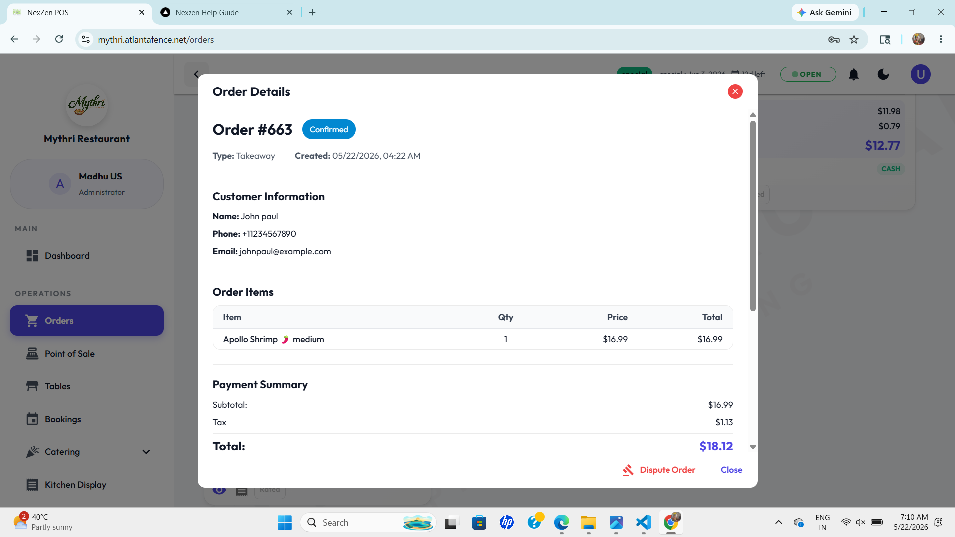 Orders Details Screen