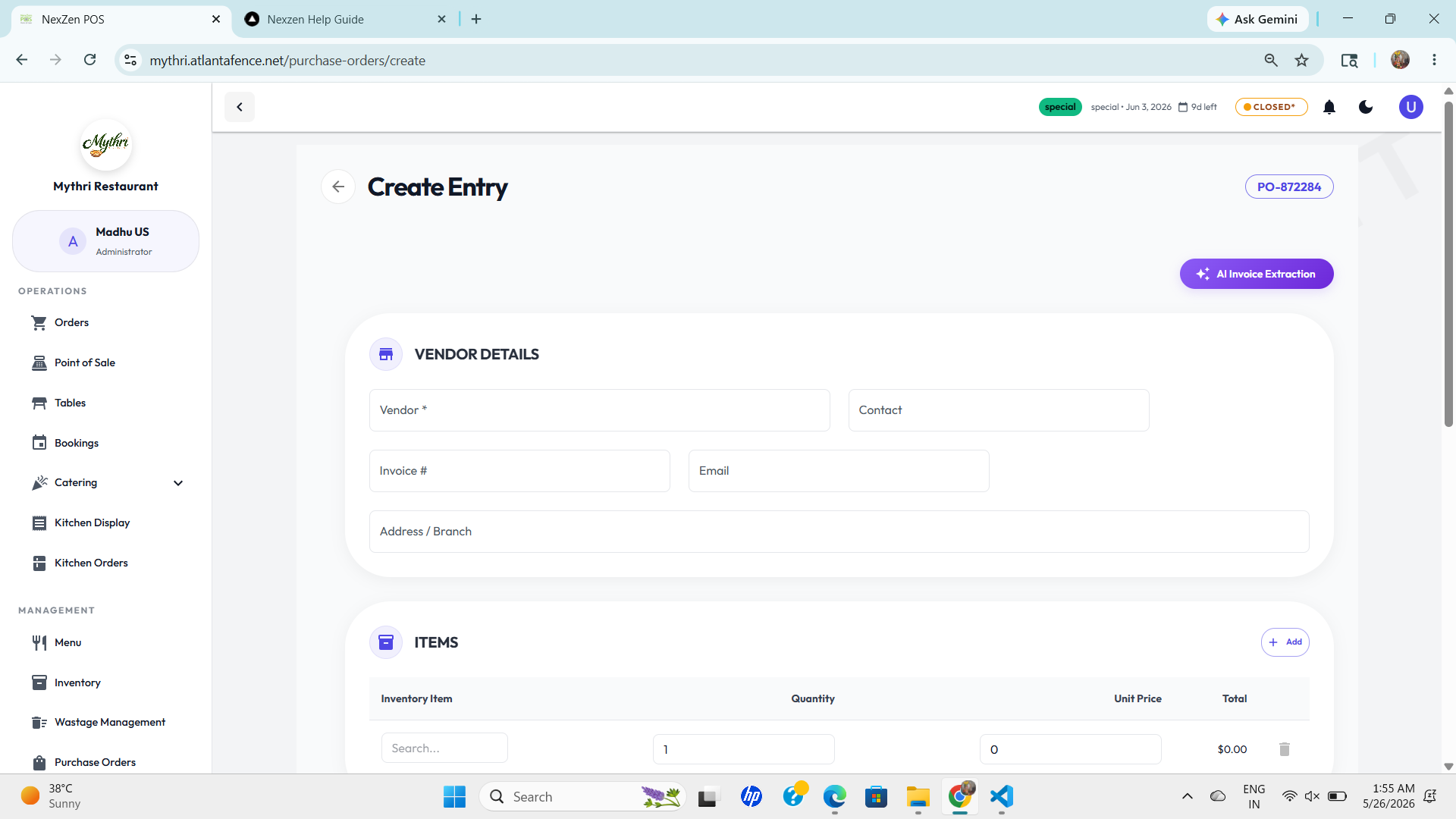 Vendor Details and Purchase Order Header