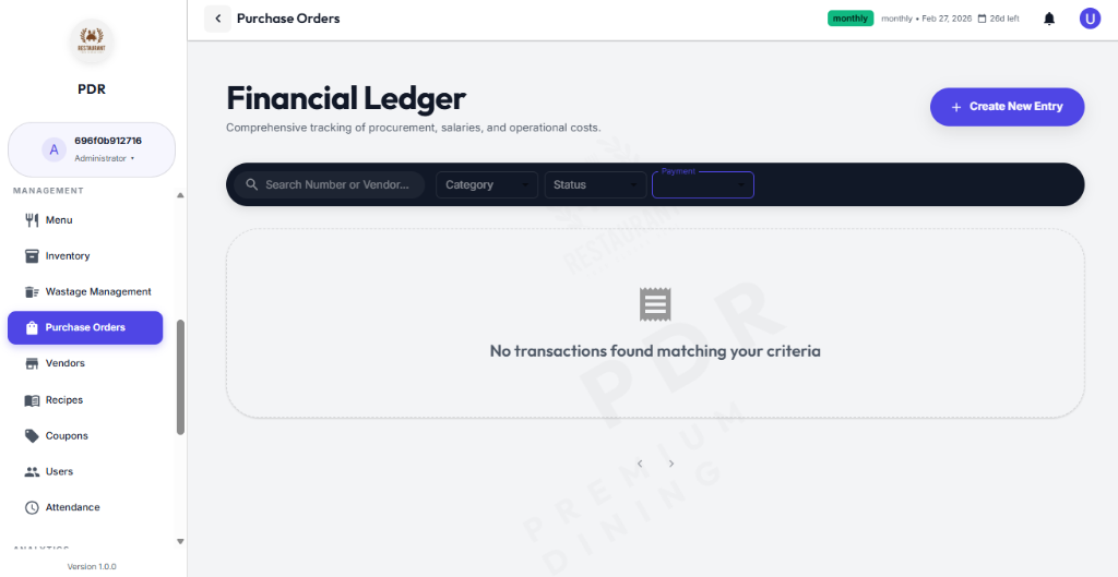 Purchase Orders Financial Ledger