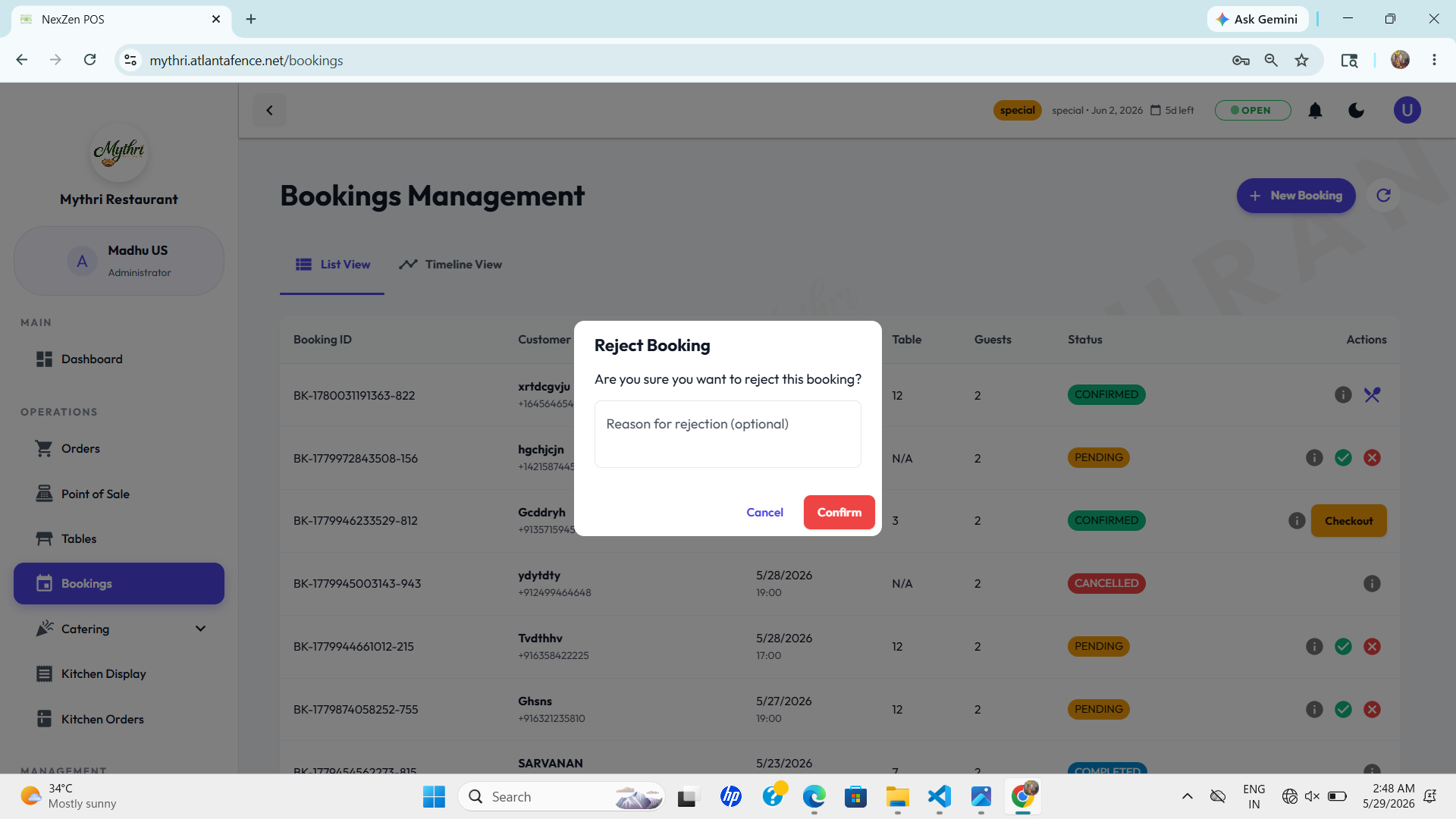 Reject Booking Modal