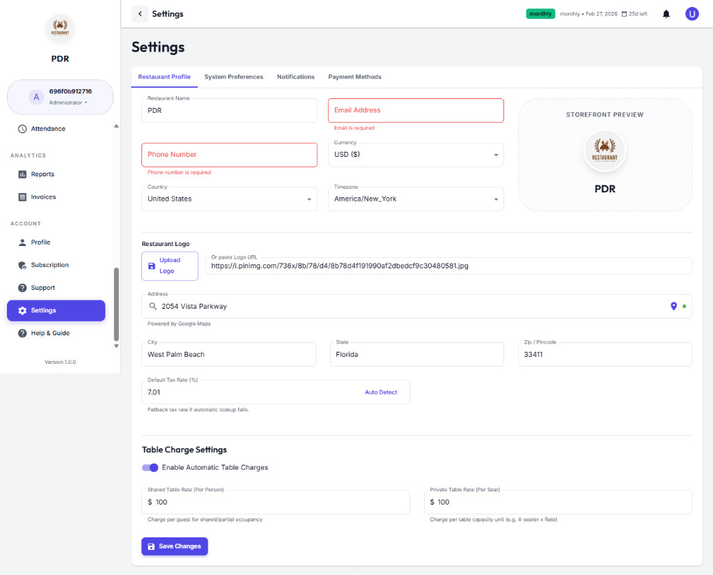 Restaurant Profile Settings