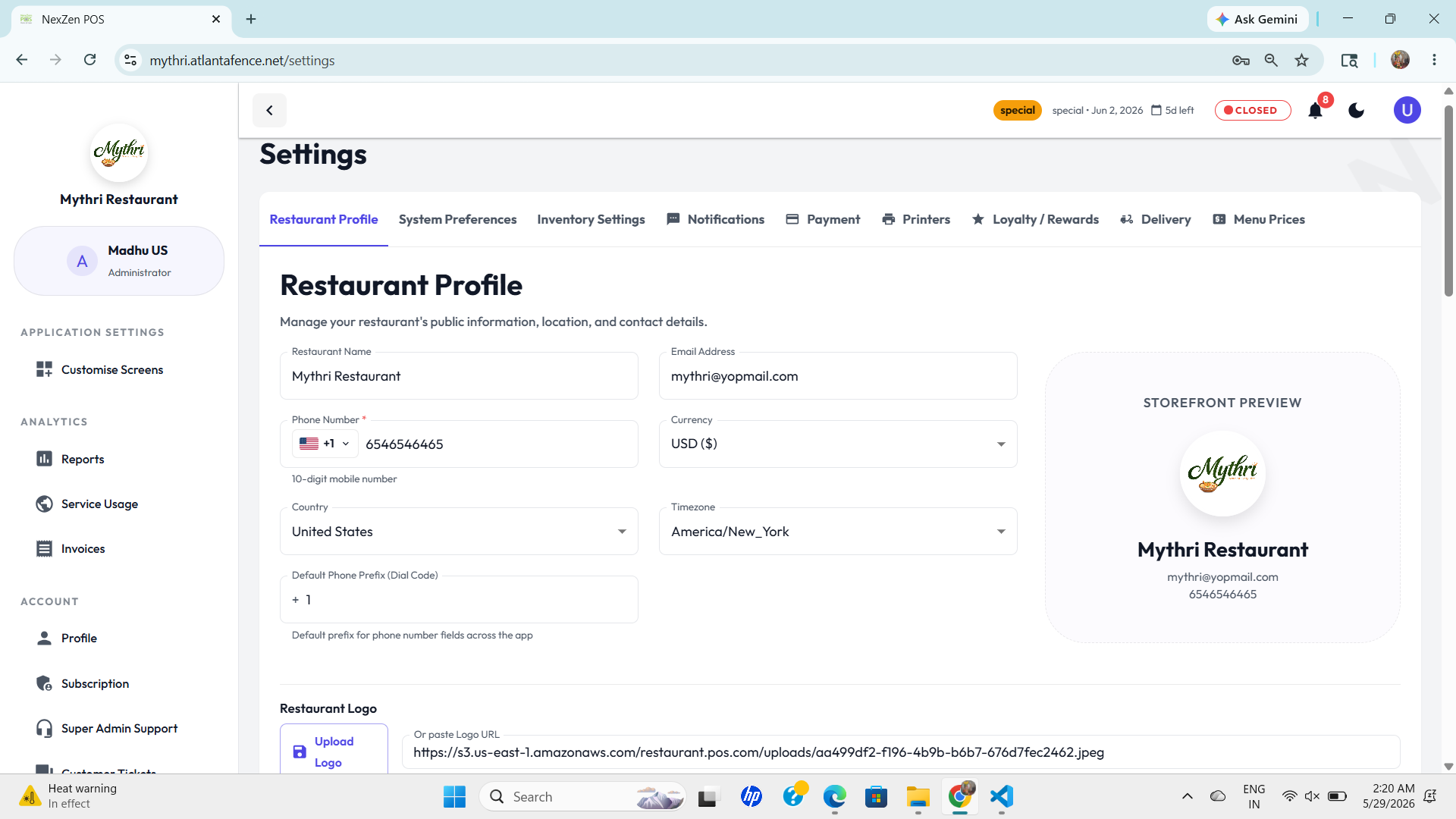 Restaurant Profile Settings