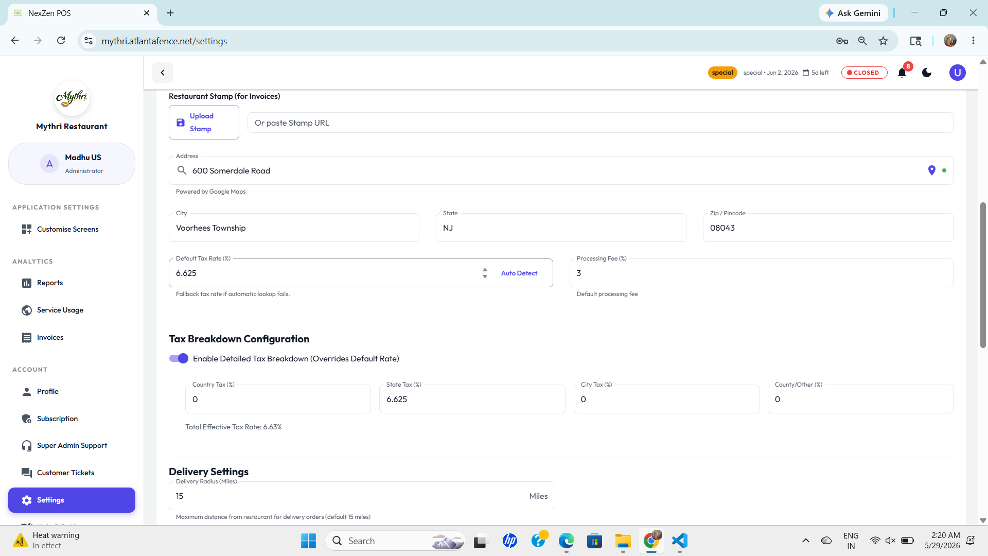 Restaurant Profile Settings