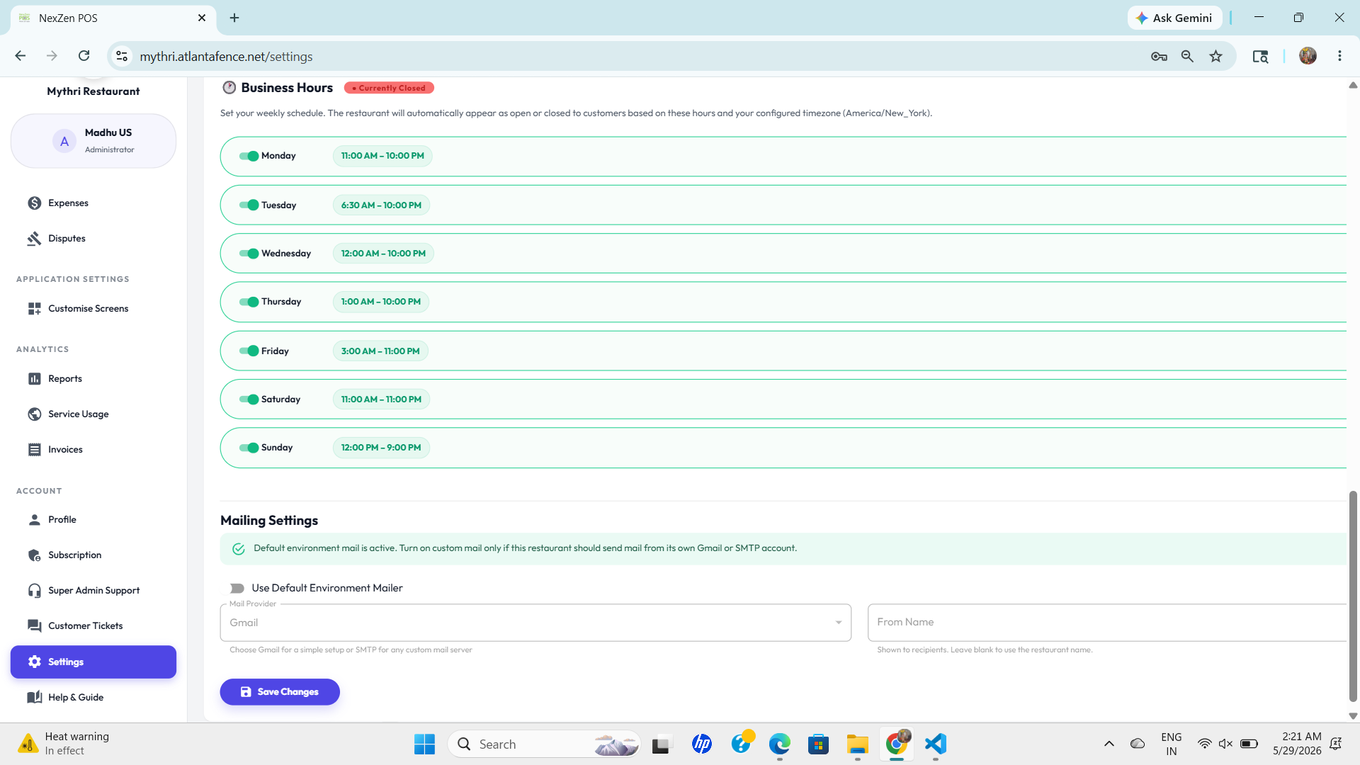 Restaurant Profile Settings
