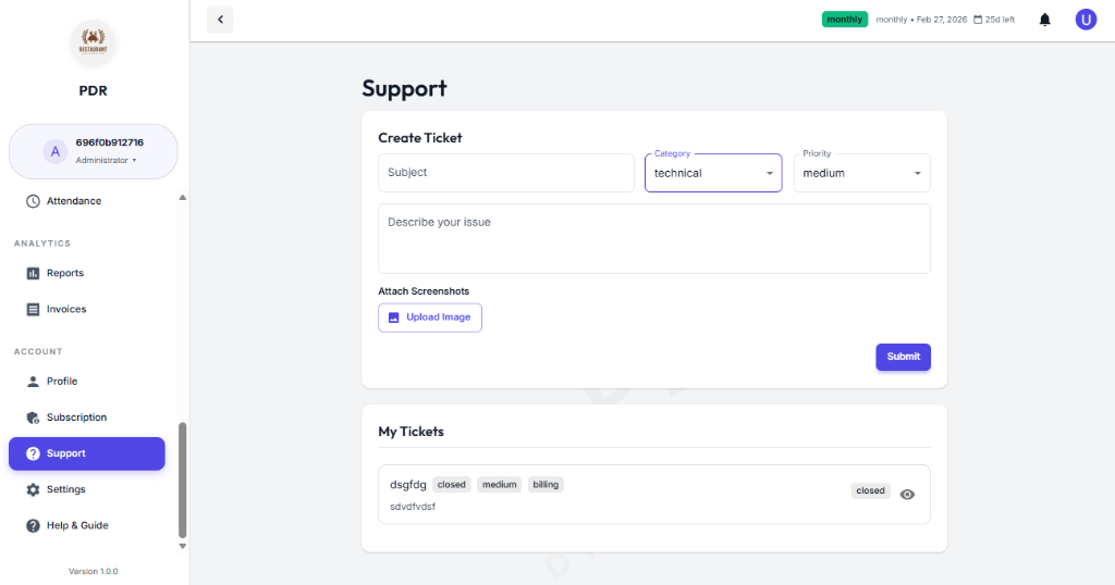 Create Support Ticket Dashboard
