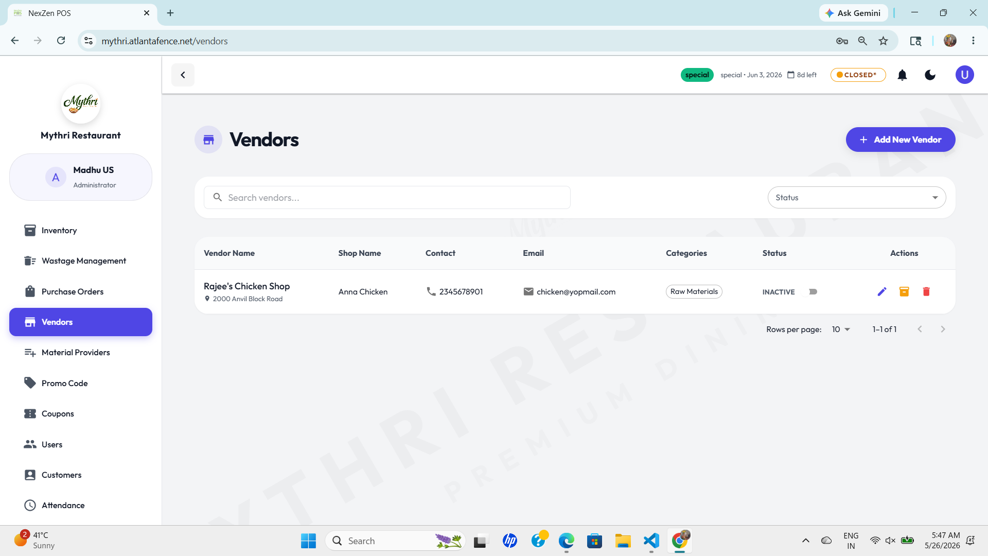 Vendor Status Toggle