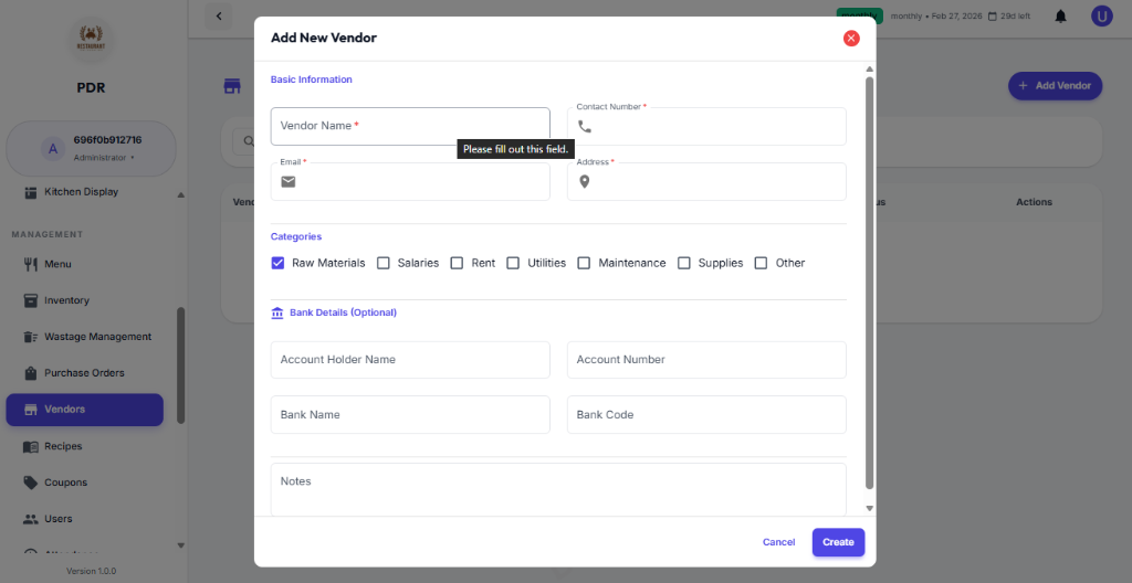 Add New Vendor Modal